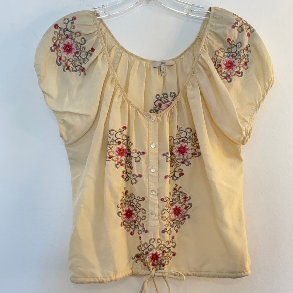 Joie Ivory Embroidered Floral Peasant Blouse Boho Puff Sleeve Top Size S Cottage